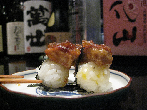 Foie gras sushi at Guilo Guilo by Meg Zimbeck