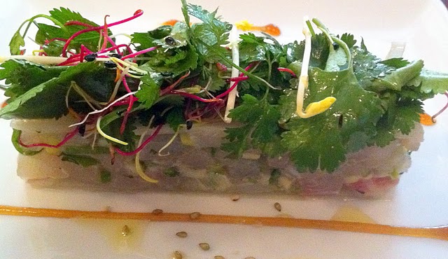 Millefeuille-like dorade tartare at Table d'Eugene by Patrica Wells