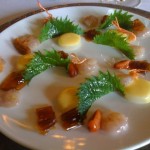 raw baby shrimp, kuzu, deep fried shiso, baby turnips at Le Meurice by Patricia Wells