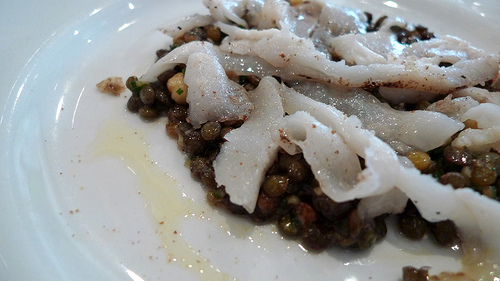 Lentilles de Puy, lard tranché de Colonotta (lentils and lardo) at Zinc Caius by Meg Zimbeck