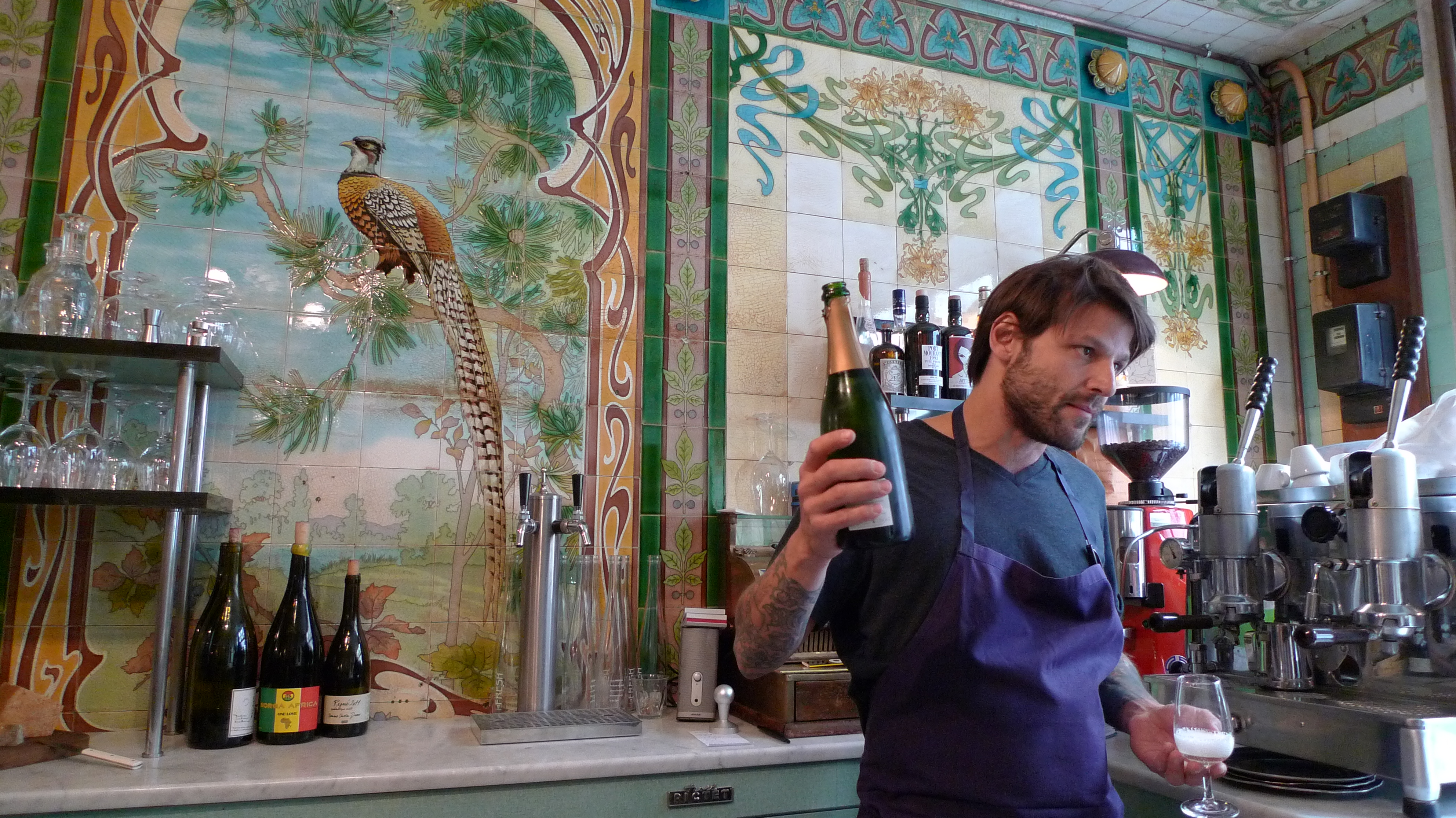 Pierre Jancou shows off his bottle and the interior at Vivant