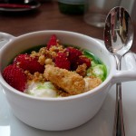 riz au lait de coco, fraises de bois, coriandre (rice pudding with coconut milk, wild strawberries, and cilantro syrup at Frenchie by Meg Zimbeck