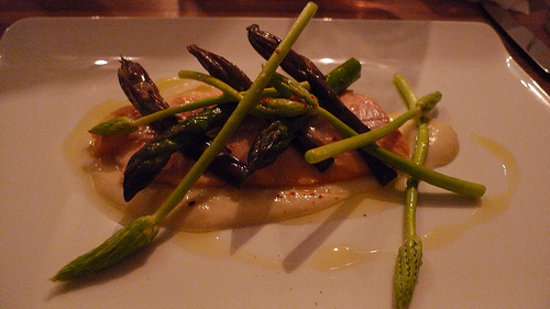 truite fumée, asperges (house-smoked trout with purple and wild asparagus) at Frenchie by Meg Zimbeck