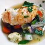 très grosse langoustine et petits légumes cru en bouillon at Racines by Bruno Verjus of Food Intelligence