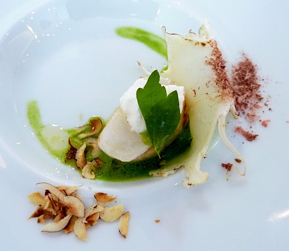 Bigarrade - Poached Turbot, Sautéed Cauliflower, Spinach Purée, Roasted Hazelnuts, Chevre, Smoked Espelette, Shiso by Jordan Grossi