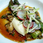 Roasted asparagus, oysters and smoked creme fraiche at Spring by Jordan Grossi