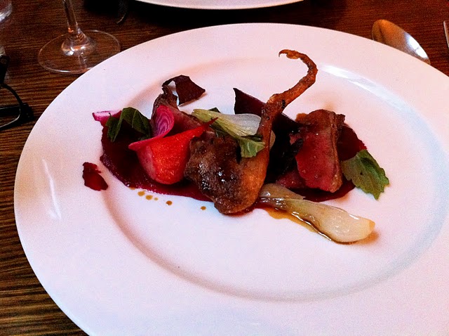 Pigeon, betterave, oignons, shiso at Rino by Alix