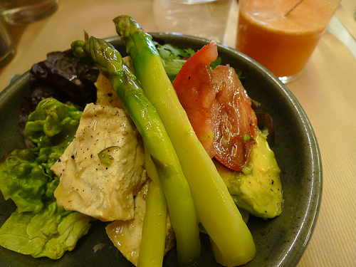 Sesame-marinated tofu salad with asparagus, avocado, and tomato at Rose Bakery by Barbra Austin