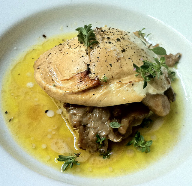 Polenta, pleurotes and smoked mozzarella from Vivant by Patricia Wells