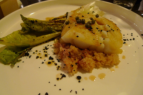 Cod with romaine and amaranth at Chatomat by Barbra Austin