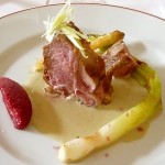 Spring Lamb with oyster emulsion, baked leek and white asparagus, puree of beet at L'Arpege by Jordan Grossi