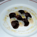 Carpaccio of Scallops & Truffles, Haricot Vert beans, Herbed-Vinaigrette and Powdered Herb Dusting at L'Arpege by Jordan Grossi