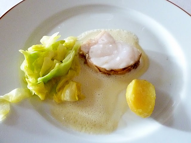 Roasted Lotte (monk-fish) with steamed but crunchy cabbage, oak smoked Grenaille potato and citron cream emulsion at L'Arpege by Jordan Grossi