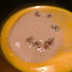 Velouté of potimarron with an emulsion of squash seeds grilled with coffee