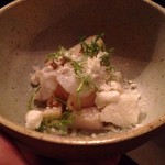 Sea scallops with cuttlefish, beets, walnuts, and horseradish