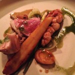 Lamb three ways (belly, gigot, sweetbreads) with salsify, onion, and kale jus
