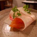 Amuse bouche of Banka trout with trout eggs in radish roll at Bones restaurant