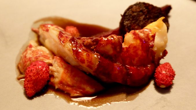 Lobster with boudin noir and wild strawberries at Septime