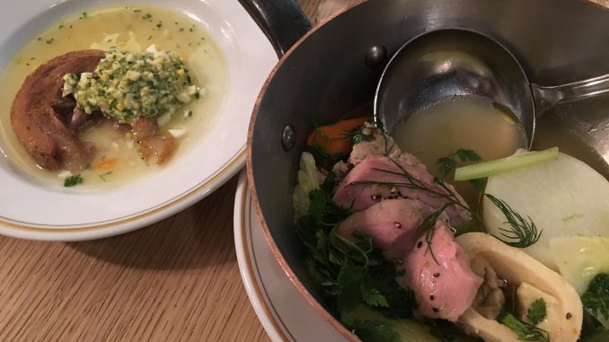 Pot au feu with crusty tête de veau and sauce gribiche at La Bourse et la Vie in Paris La Bourse et la Vie restaurant in Paris | parisbymouth.com