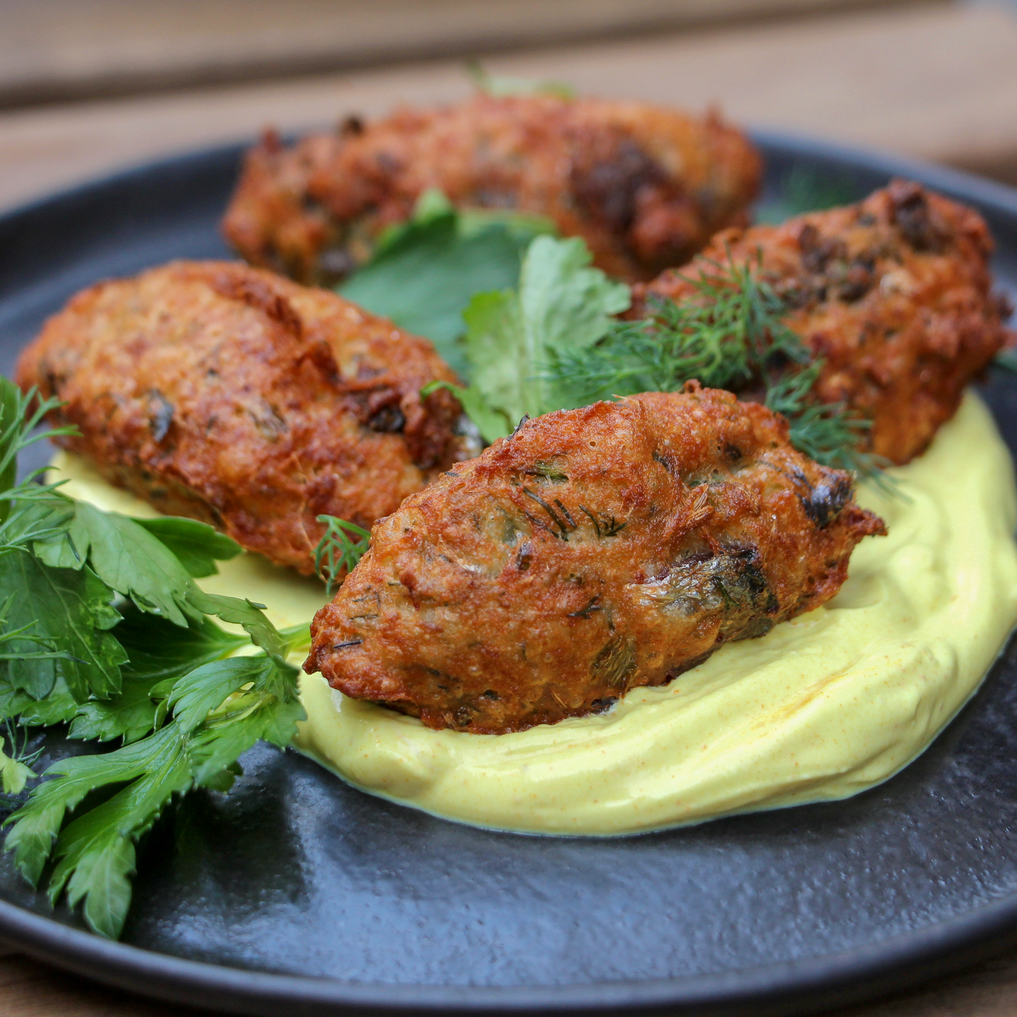 sardine accras with turmeric yogurt - petit navire