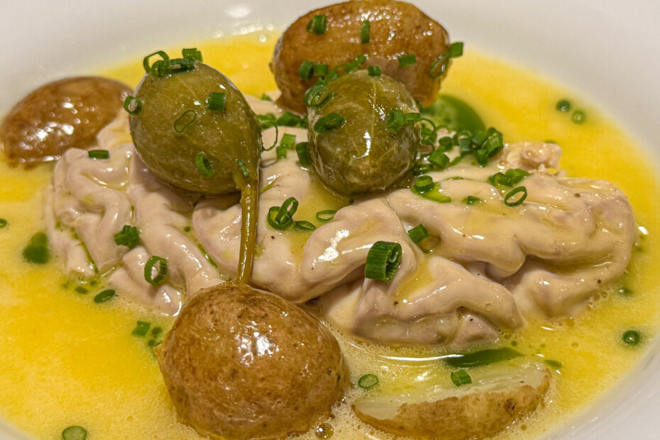 Poached brain in lemon butter with potatoes and caperberries, Quedubon, 19th arrondissement, Paris