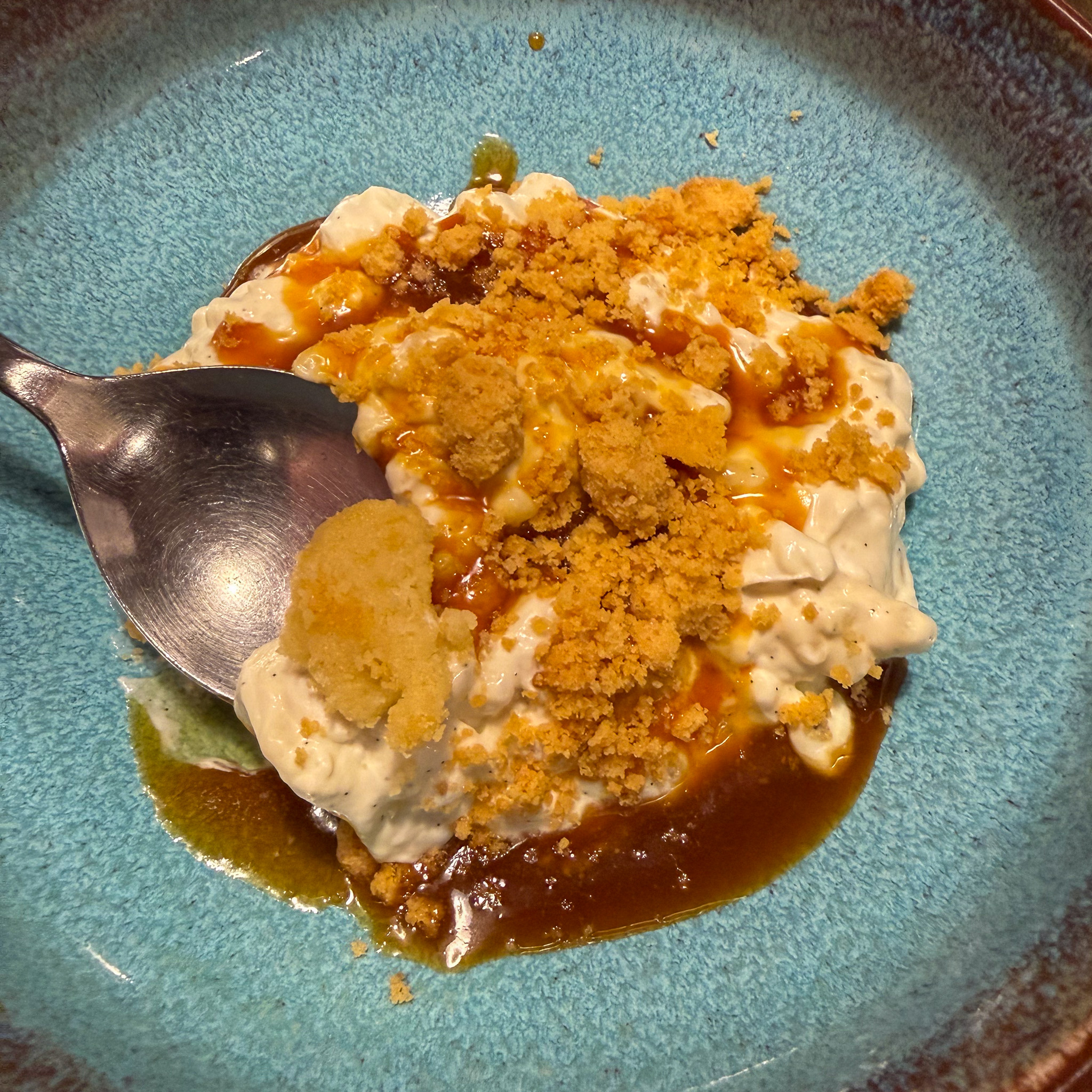 Rice pudding with blood orange caramel and almond crumble, Quedubon, 19th arrondissement, Paris