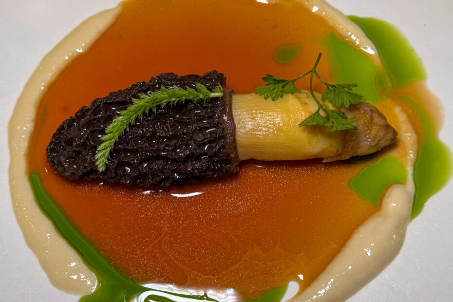 A whole dark stuffed morel beside a white asparagus spear, over amber jus and white-asparagus purée