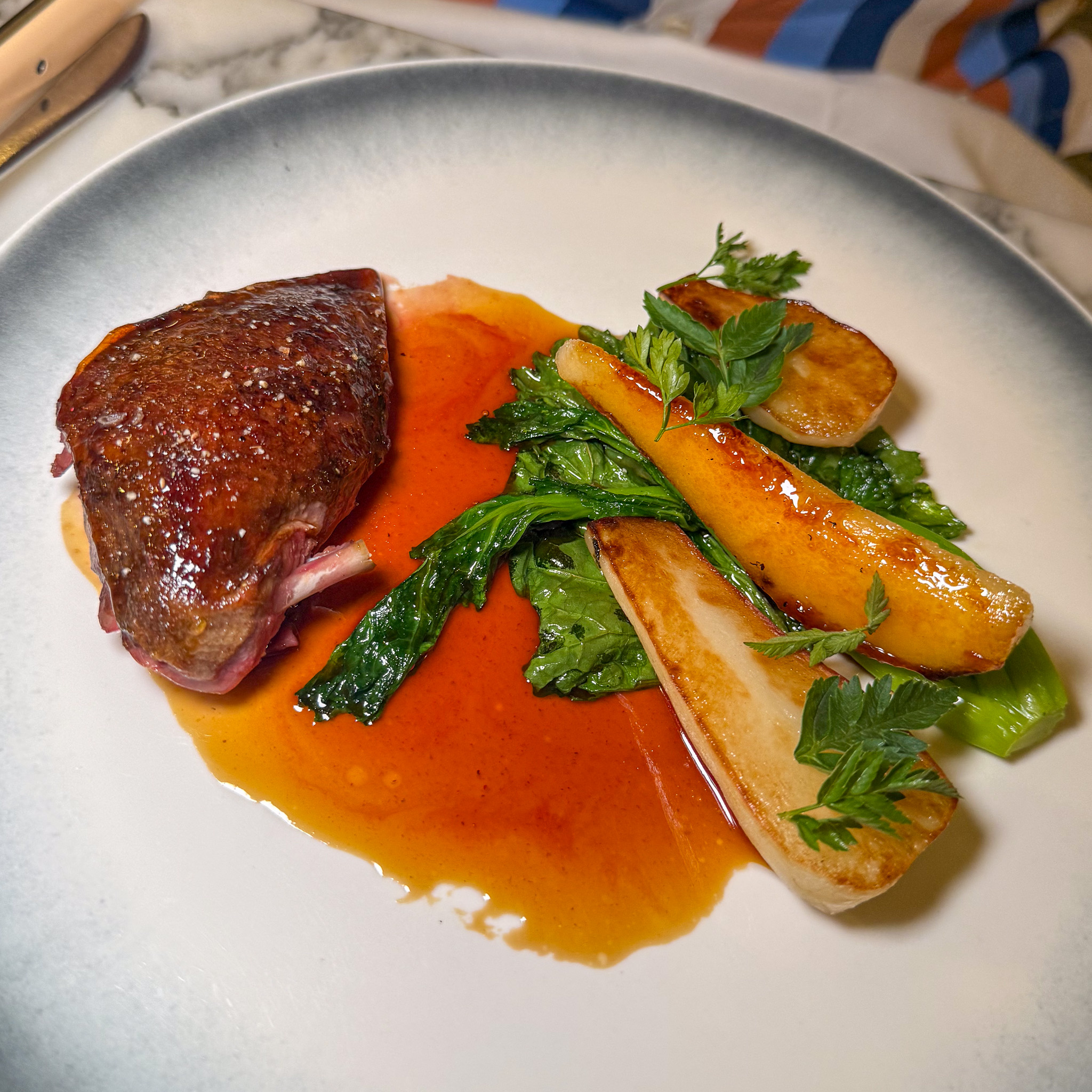 Lacquered, crisp-skinned pigeon breast with seared turnip, greens, and glossy red jus