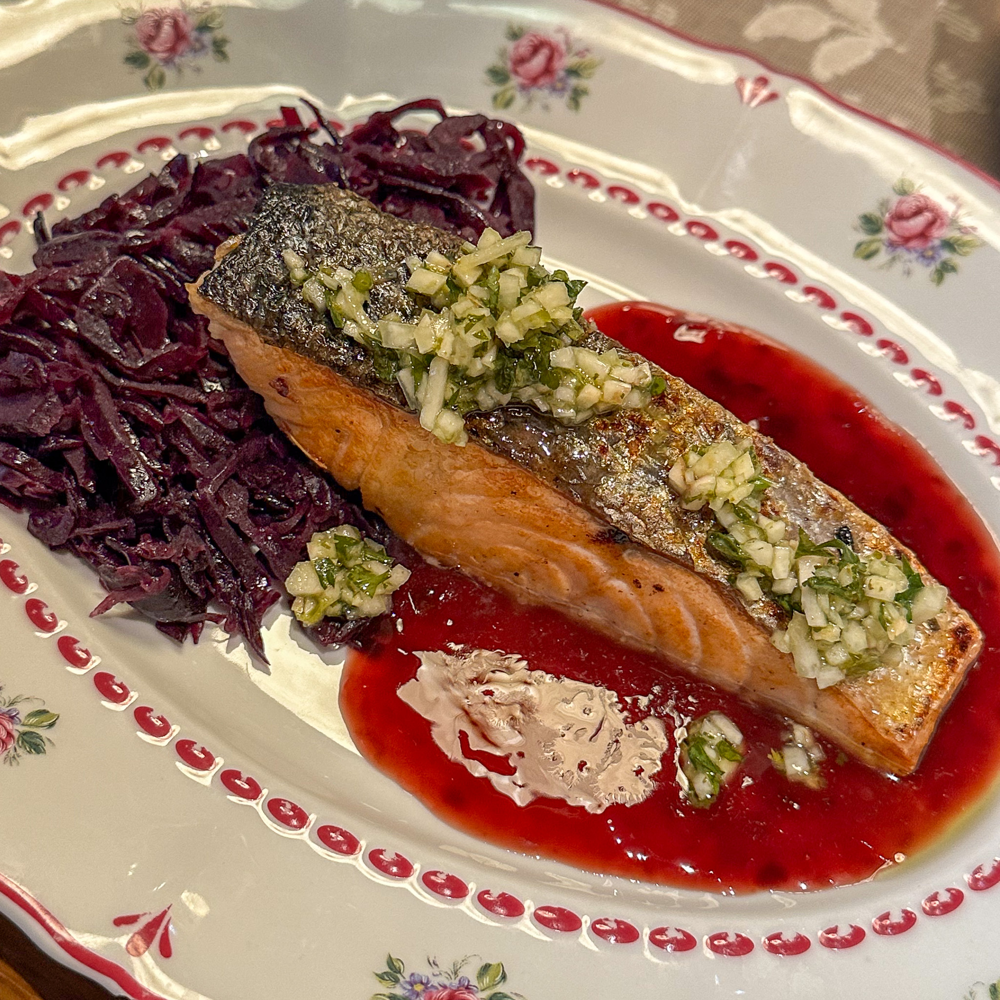 Salmon with beets at Boubalé restaurant in the Marais in Paris