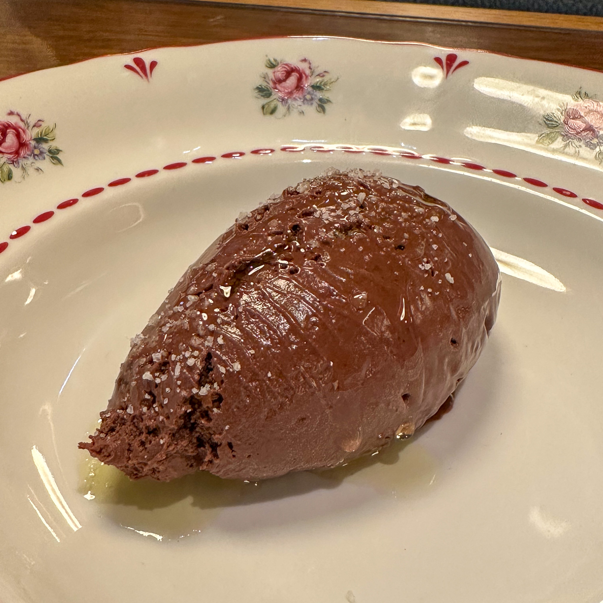 Chocolate mousse with olive oil at Boubalé restaurant in the Marais in Paris