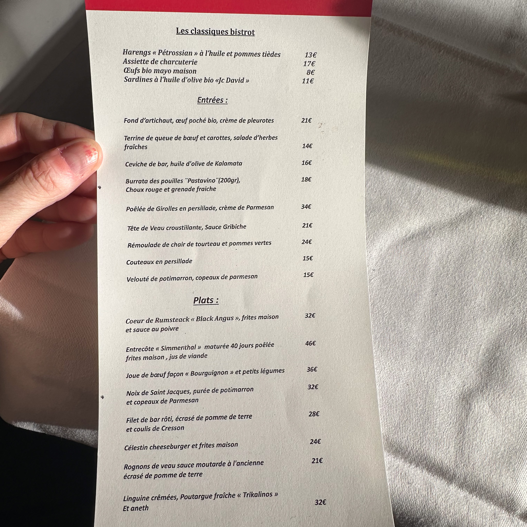 Menu at Le Petit Celestin restaurant in Paris | PARIS BY MOUTH