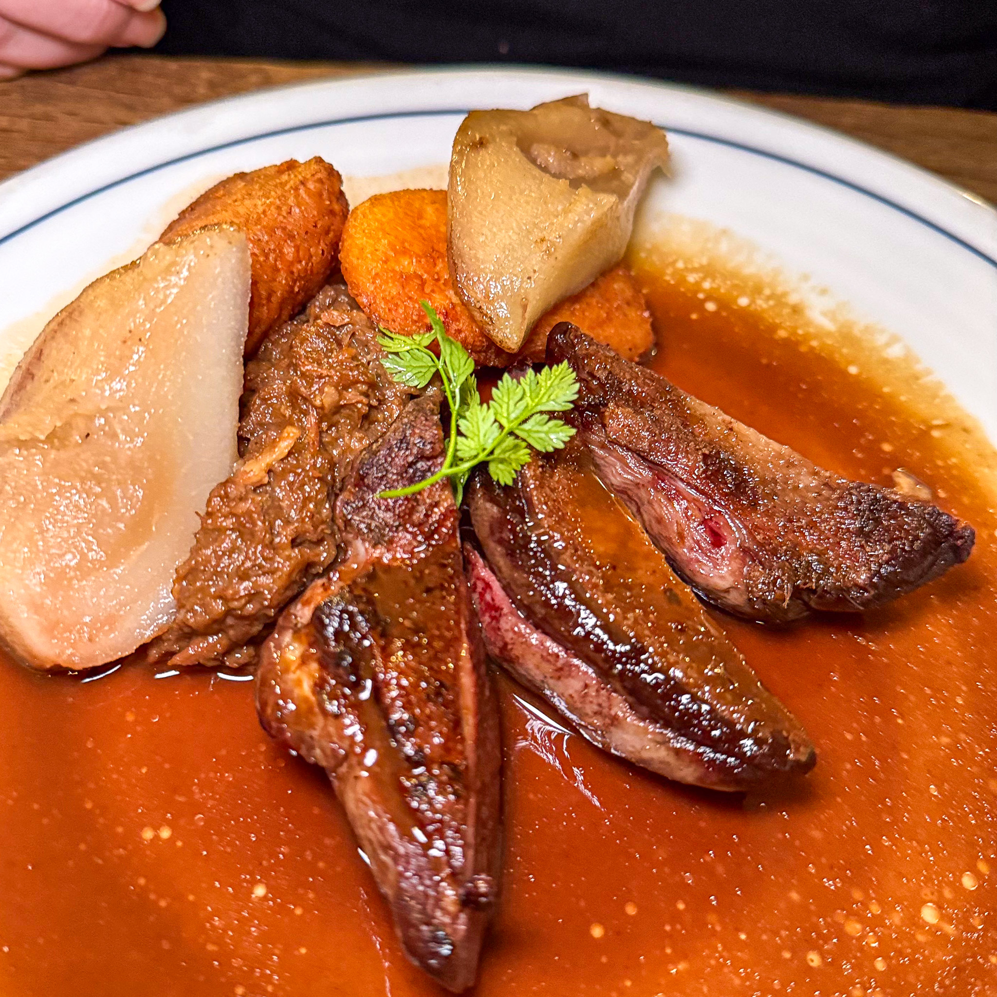 Wild duck with pears at Le Bon Georges bistro in Paris