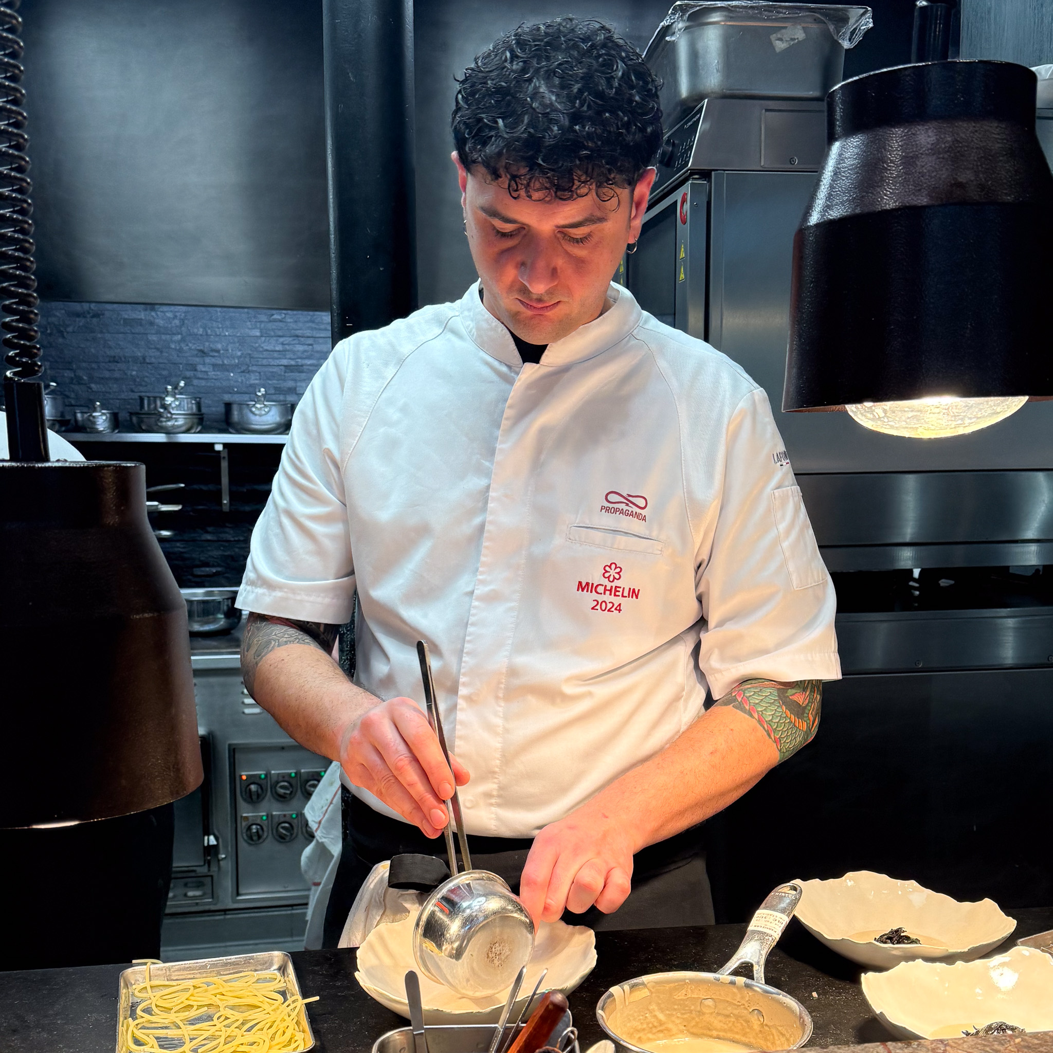 Chef Flavio Lucarini at work in the kitchen at Substance, rue de Chaillot, Paris