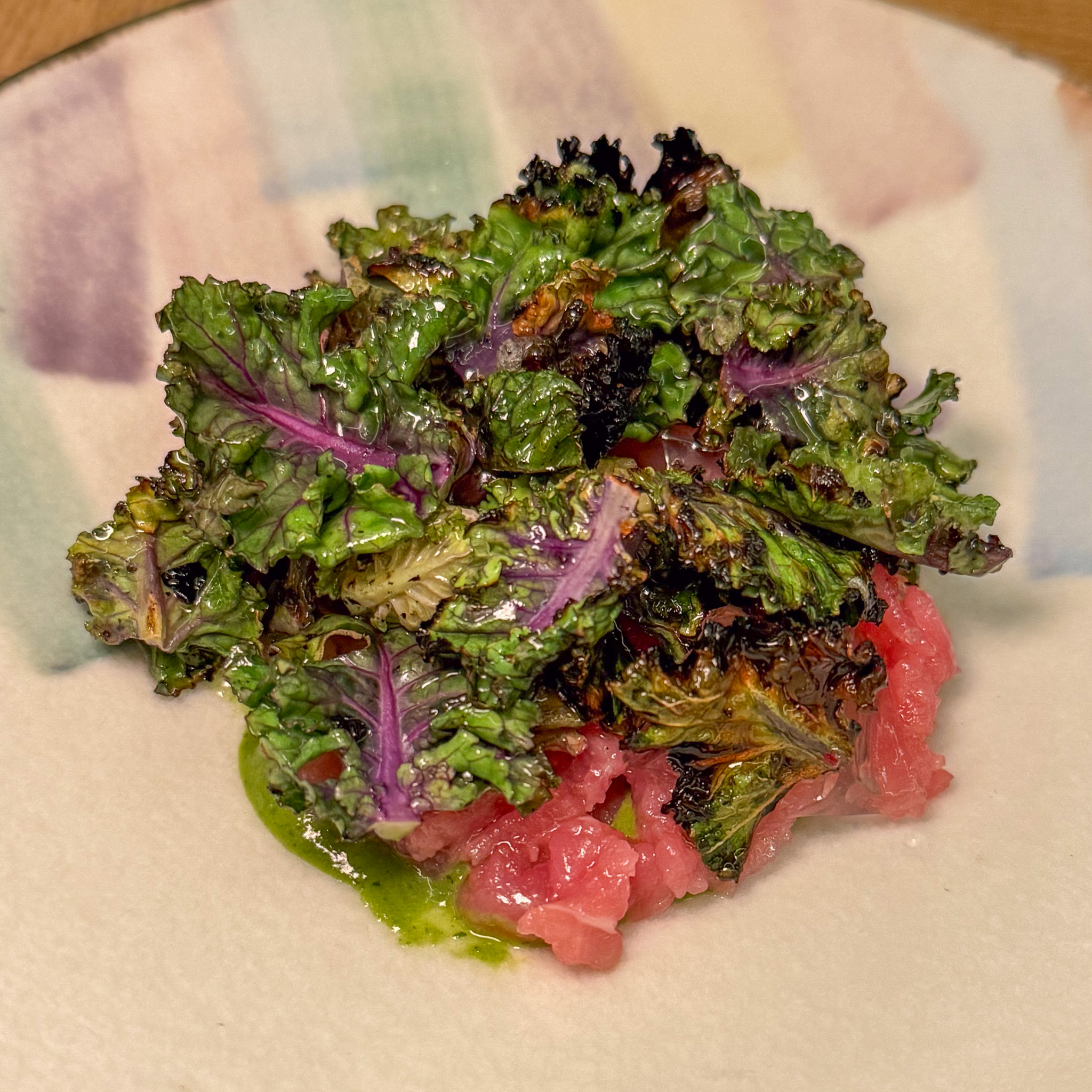 Pirenaica veal tartare with charred kale and sorrel purée at Cypsèle, Paris 4th