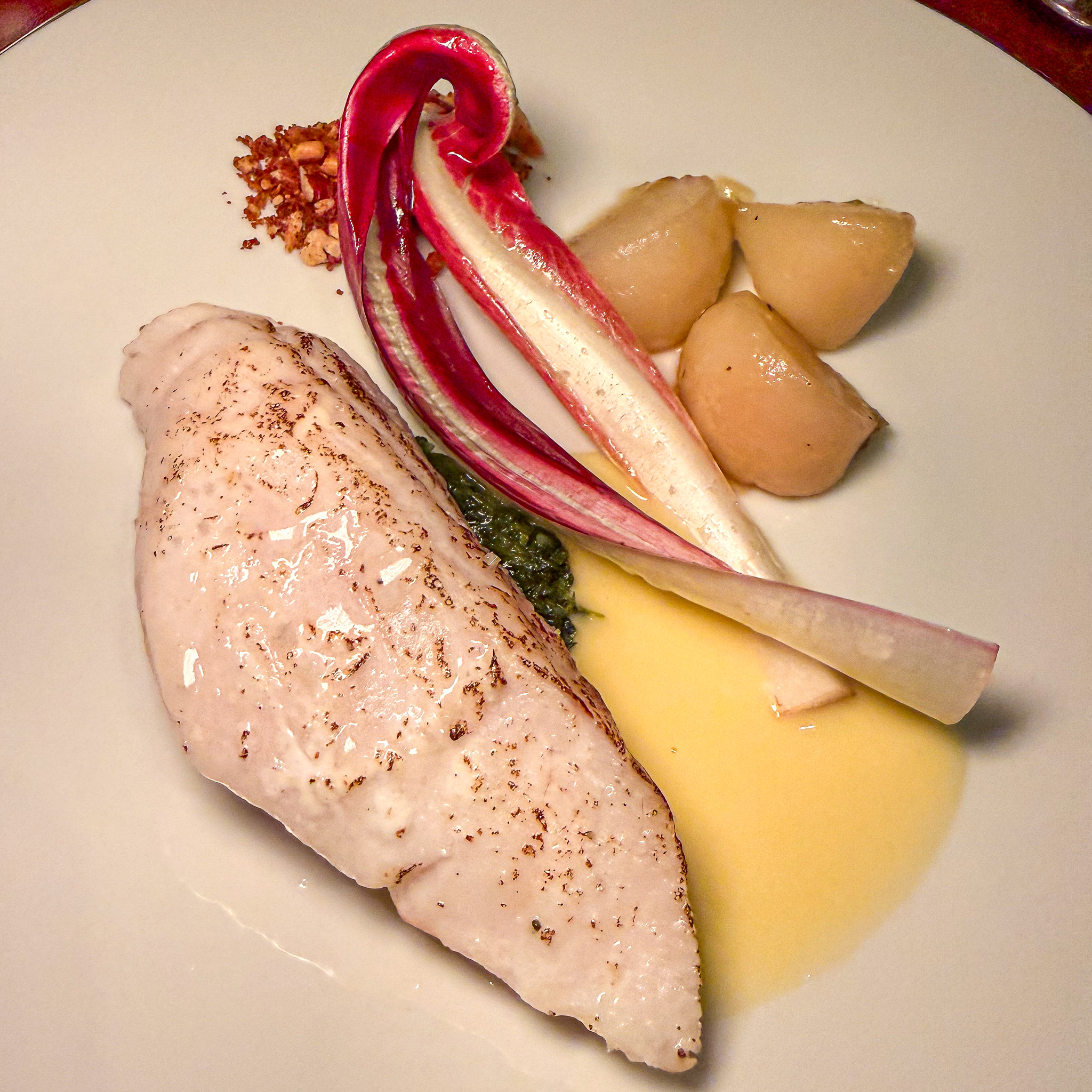 aged-fish-savagnin-sauce-radicchio-turnip-occasion-paris | PARIS BY MOUTH Aged hake with savagnin sauce, radicchio, and turnips at Occasion, Paris 10th
