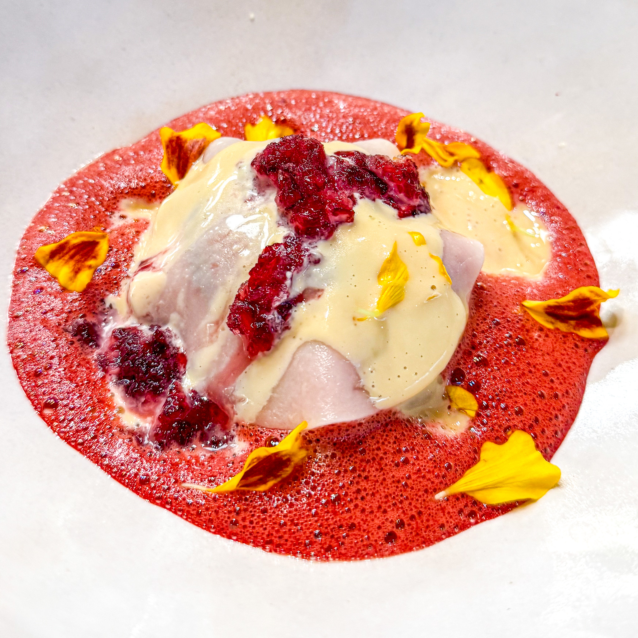 Beetroot raviolo with buttermilk at Substance restaurant, 16th arrondissement, Paris