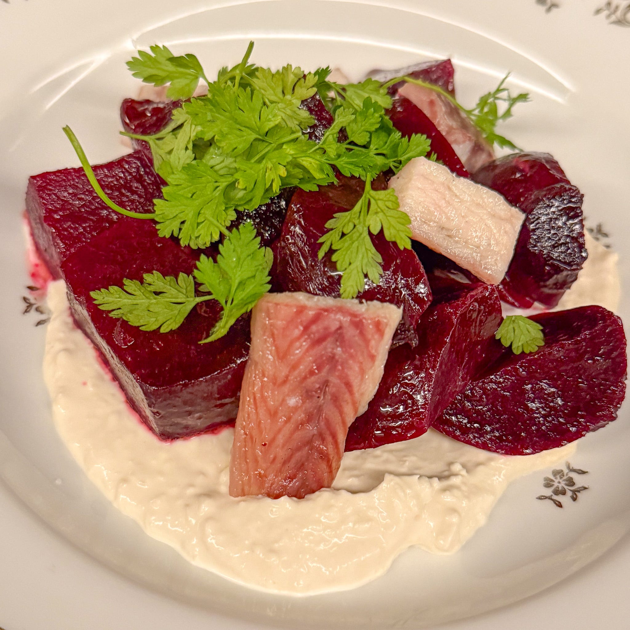 beets-eel-canard-sauvage-restaurant-paris | PARIS BY MOUTH Roasted beets with smoked eel at Canard Sauvage, 10th arrondissement, Paris