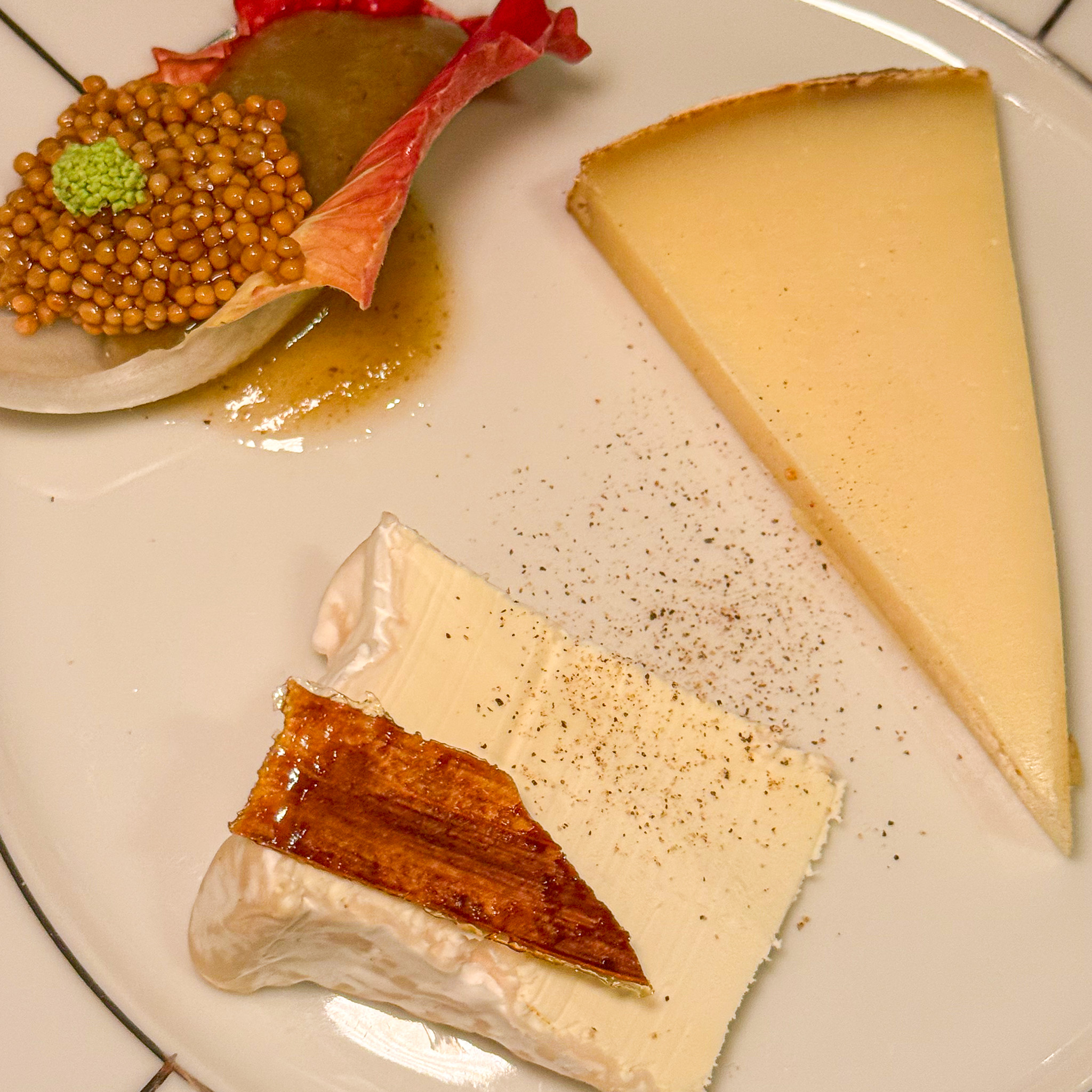 cheese-course-brillat-savarin-tomme-brebis-occasion-paris | PARIS BY MOUTH Brillat-Savarin and Tomme de Fédou with smoked pear compote at Occasion, Paris 10th