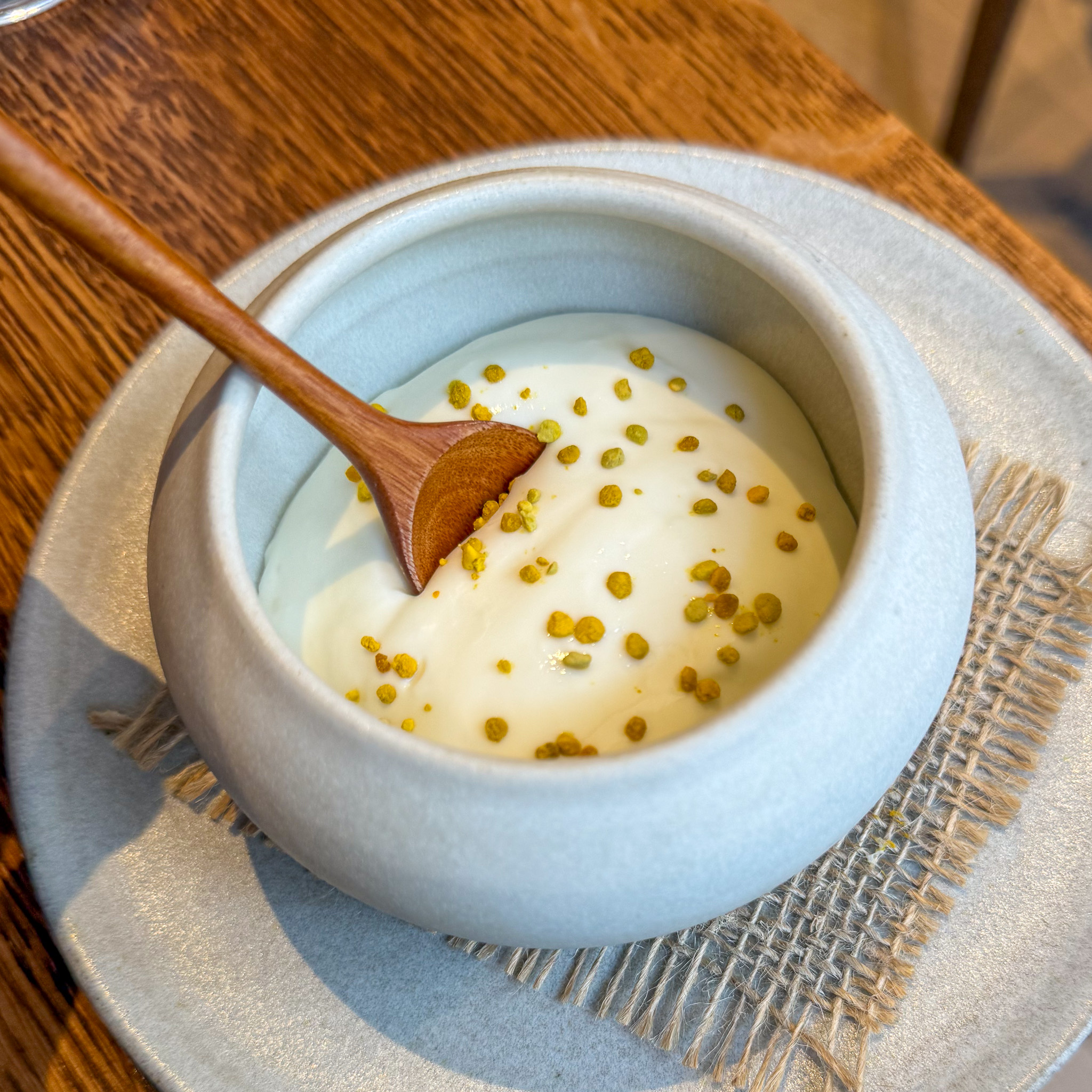 Honey, pollen and miso dessert at Eme, 4th arrondissement, Paris