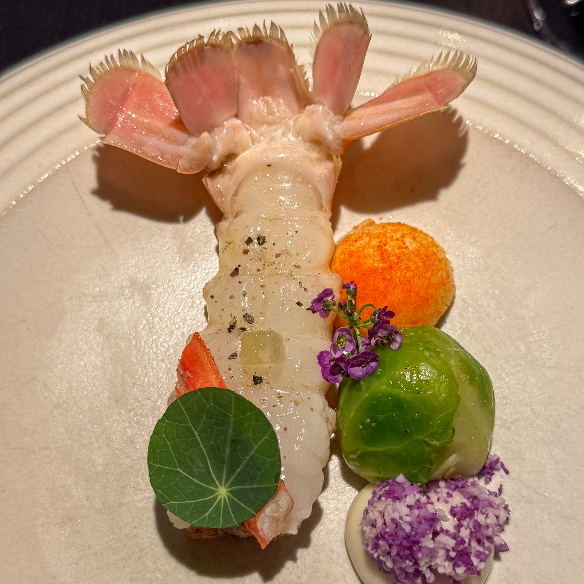Pearlescent langoustine with fermented cabbage beurre blanc at Virtus, 12th arrondissement, Paris