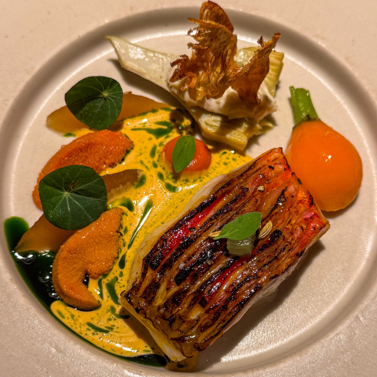 rouget-flamme-barigoule-artichaut-virtus-paris | PARIS BY MOUTH Flamed rouget with sea urchin at Virtus restaurant, Paris