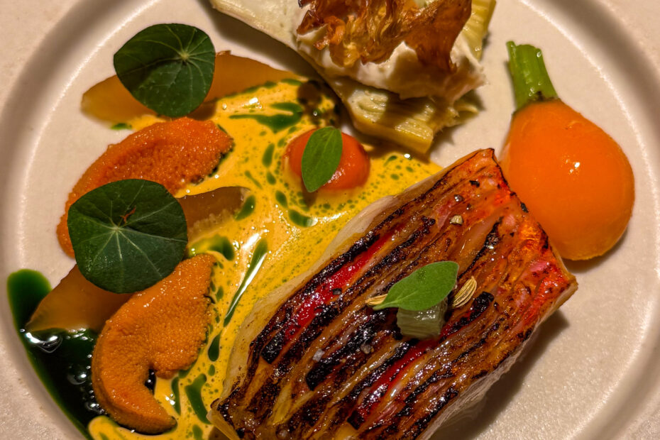 Flamed rouget with sea urchin at Virtus restaurant, Paris