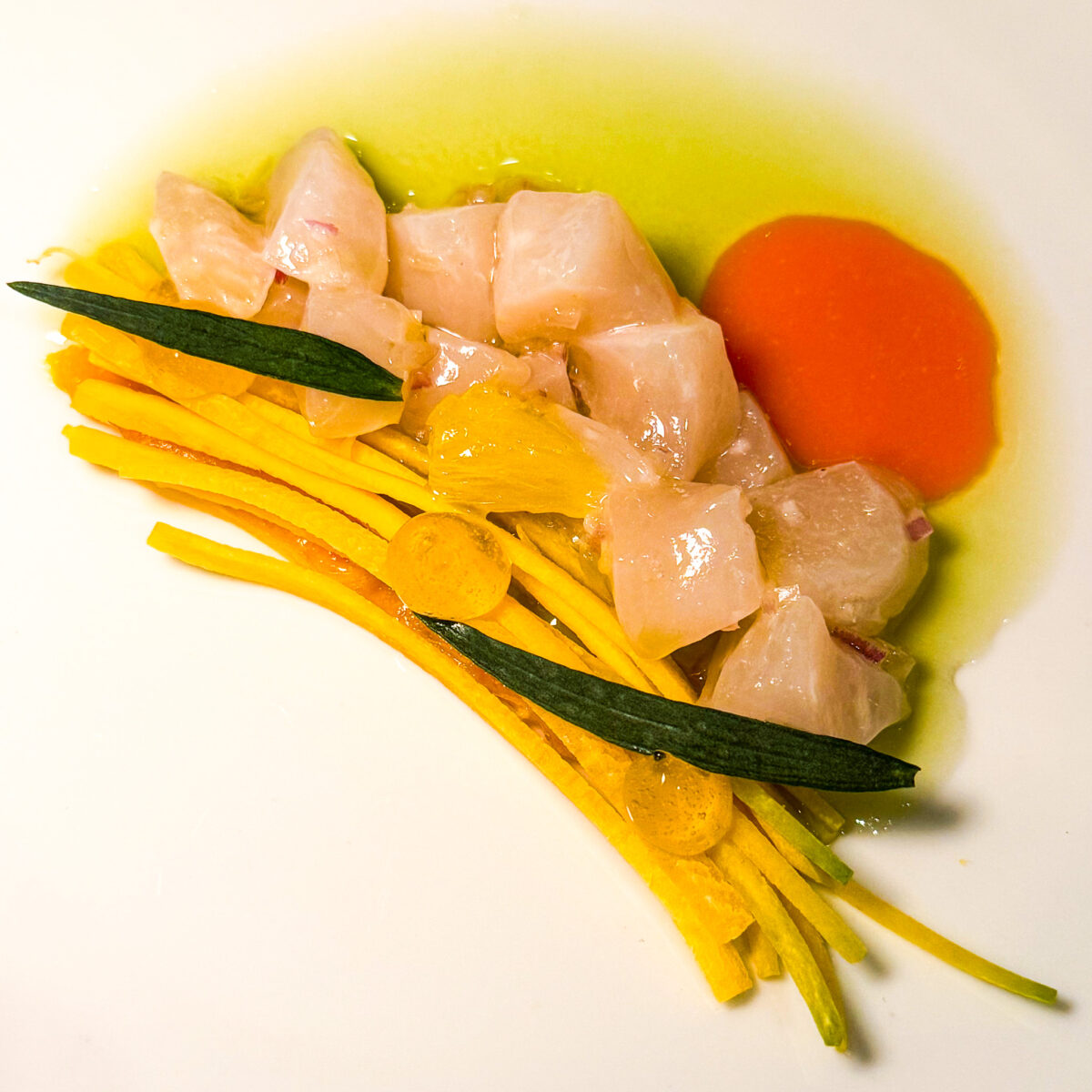 saint-jacques-crue-fir-oil-mandarin-occasion-paris | PARIS BY MOUTH Raw scallop with julienned carrot and mandarin pepper marmalade at Occasion, Paris 10th