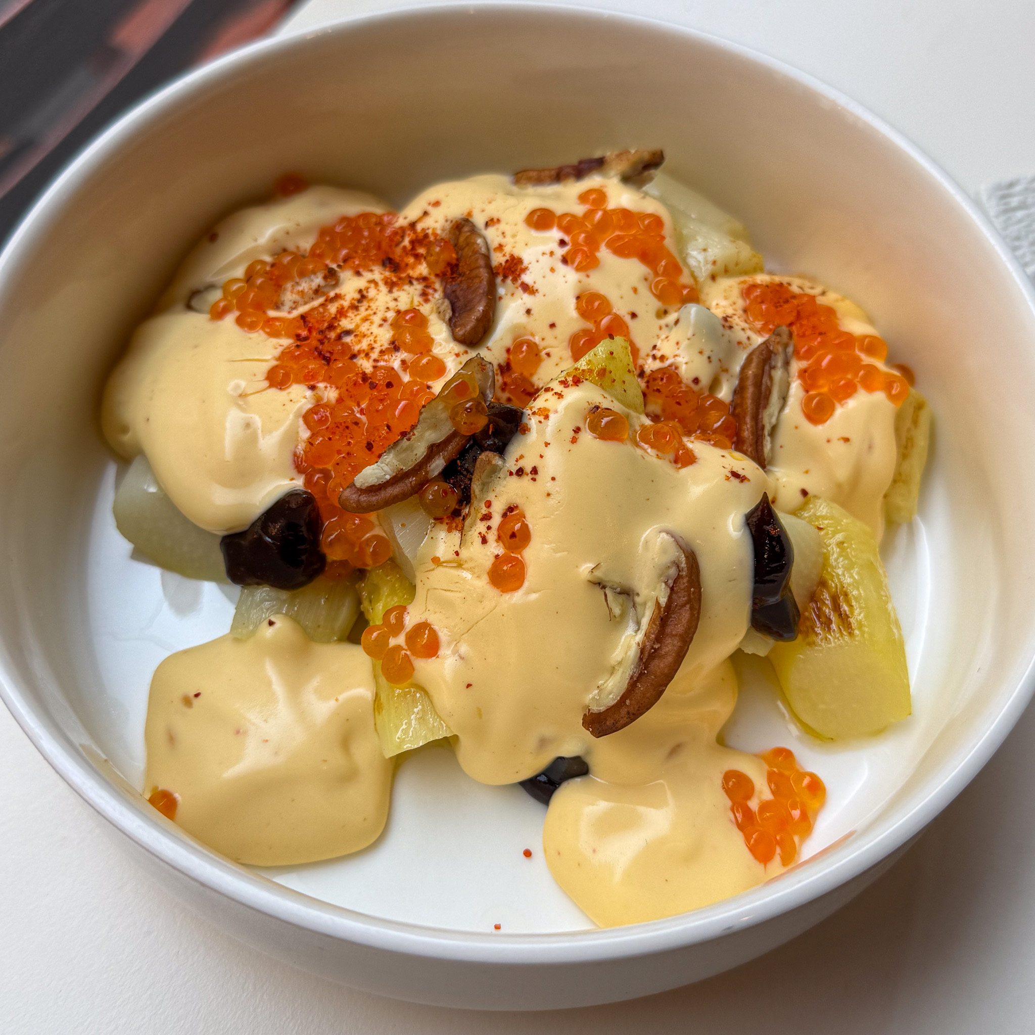 White asparagus with sabayon and trout eggs at Argile, 9, Paris