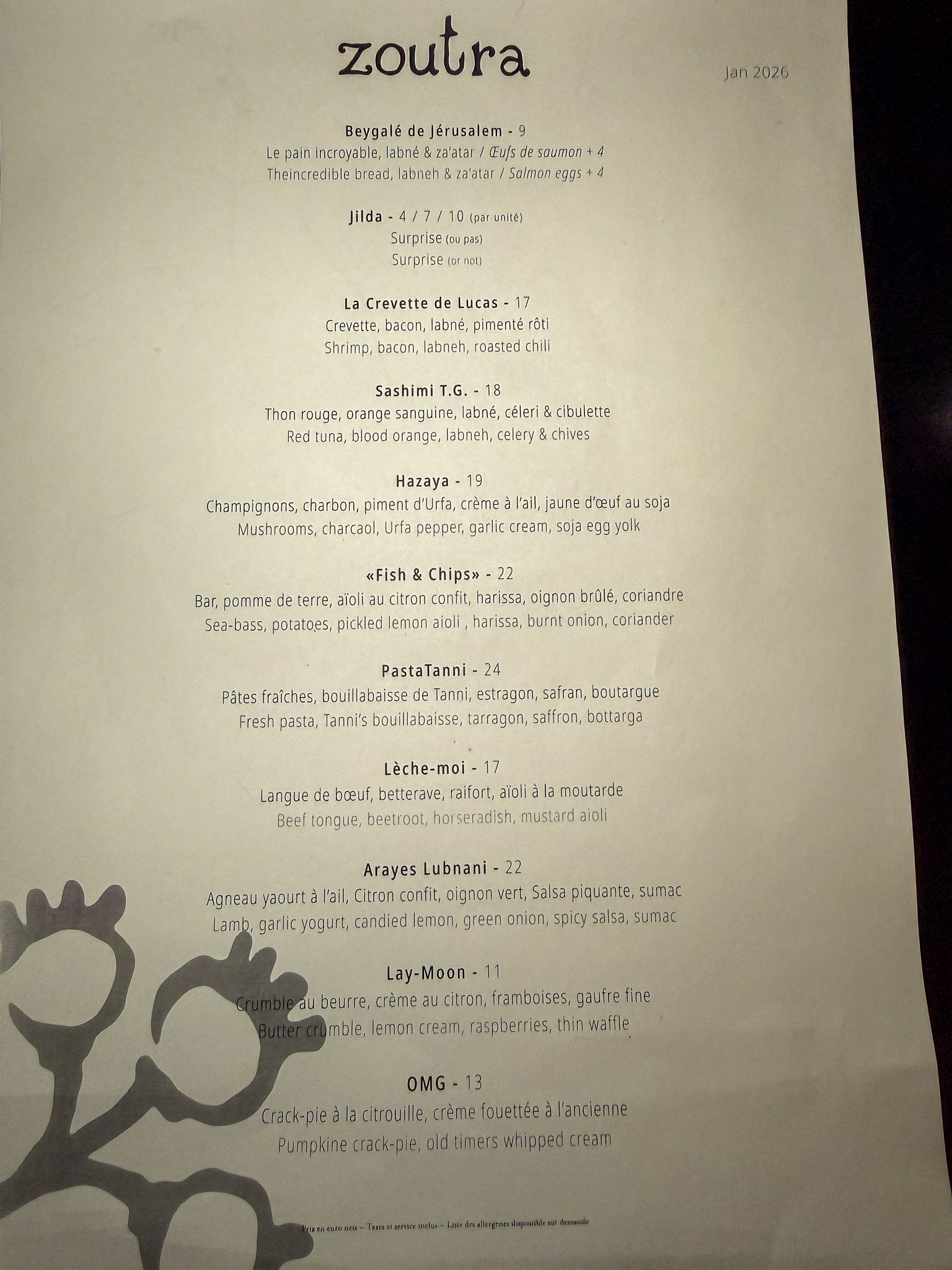 Menu at Zoutra in Paris