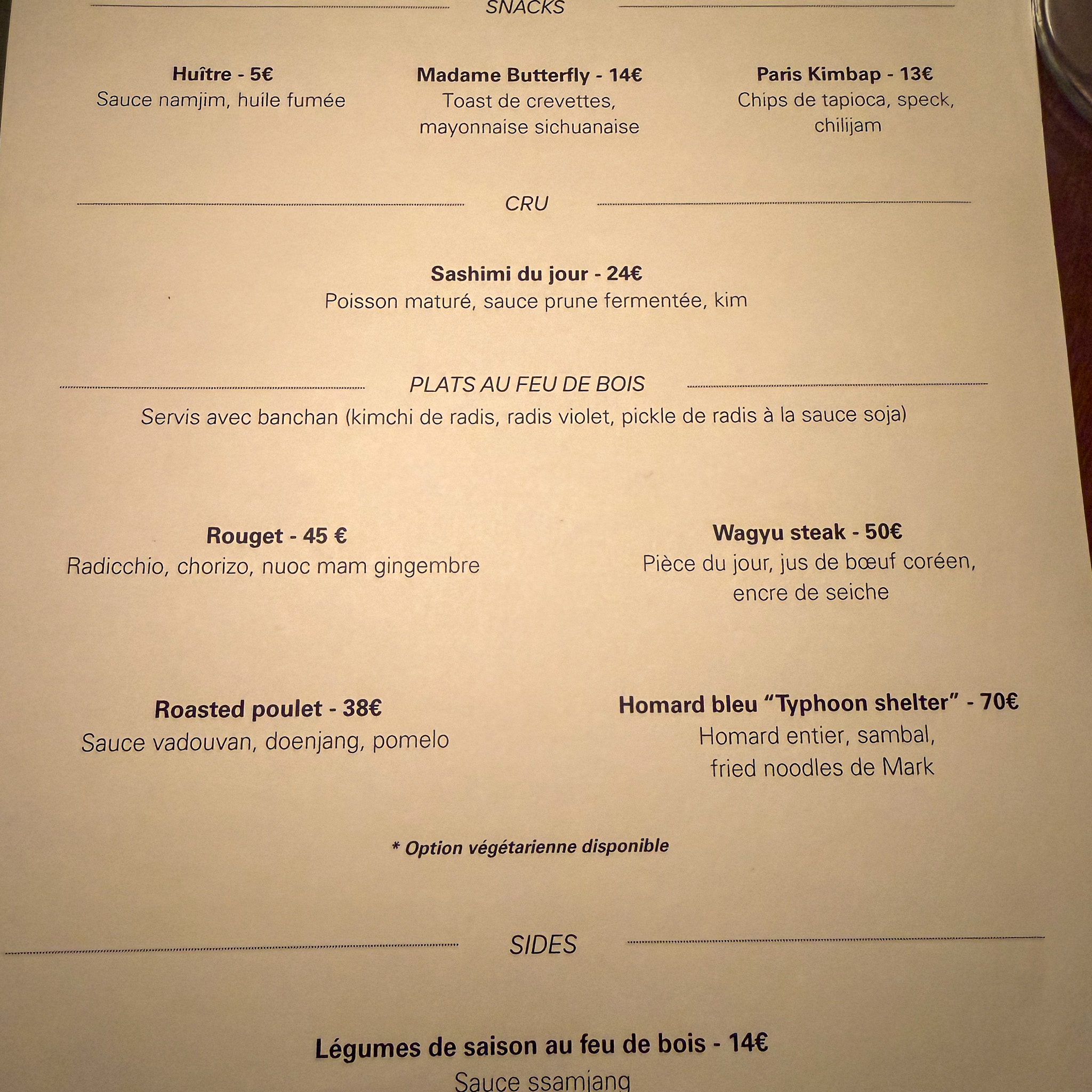 Menu at Orson in Paris