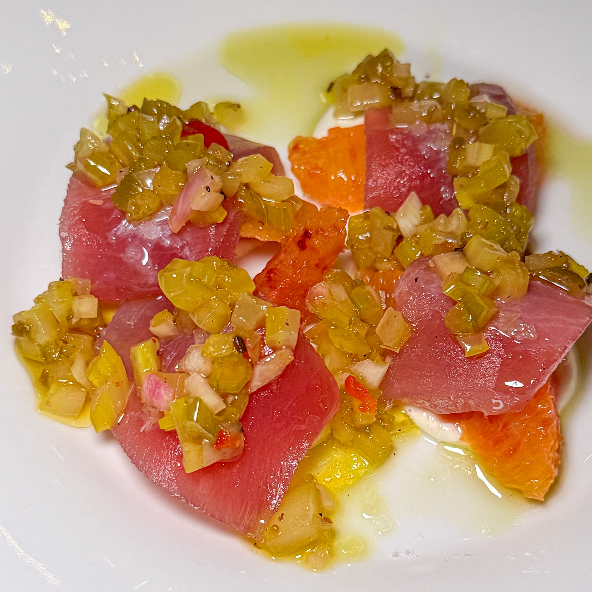 Sashimi T.G. of red tuna with blood orange and celery chive relish at Zoutra, Paris 18th