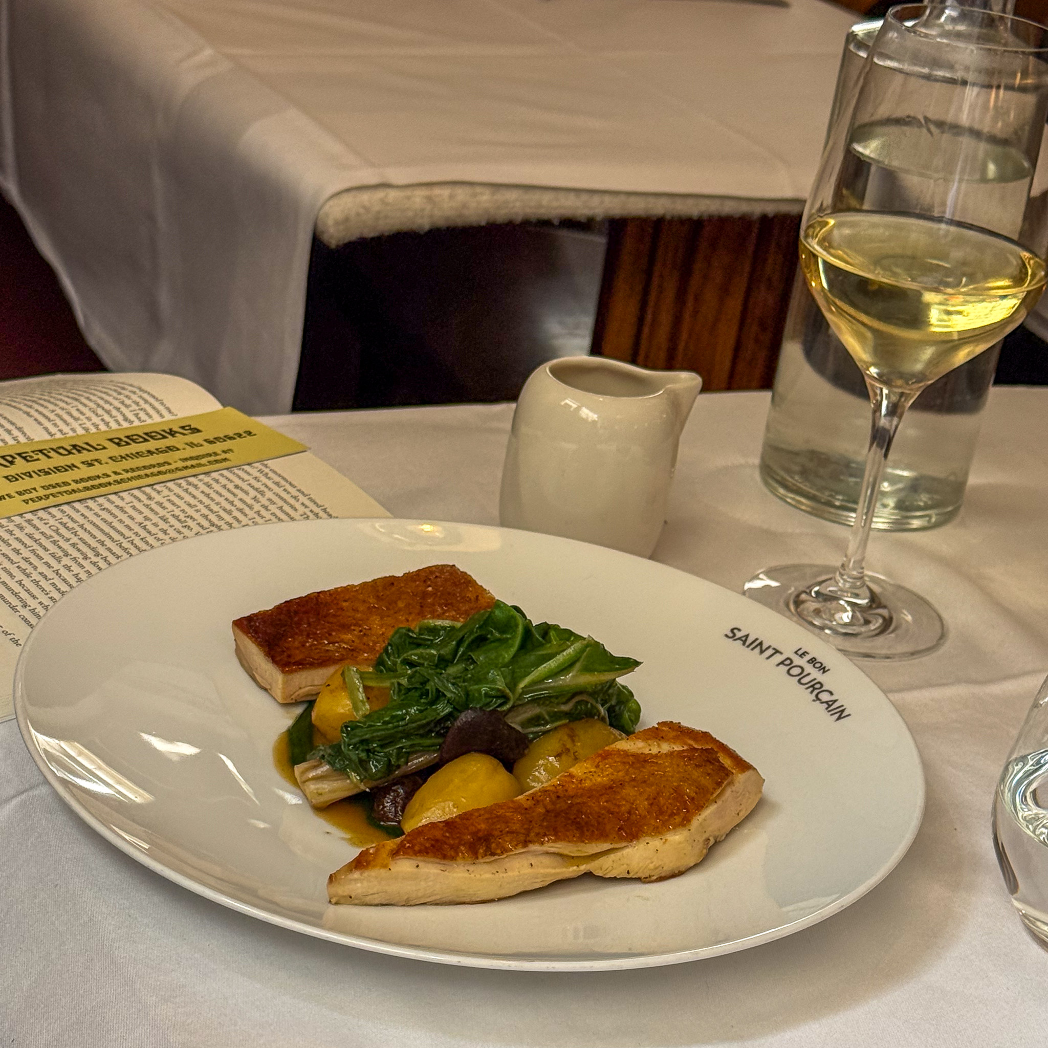 Farm chicken with vin jaune sauce, blettes, mushrooms and potatoes at Le Bon Saint-Pourçain, Paris 6th