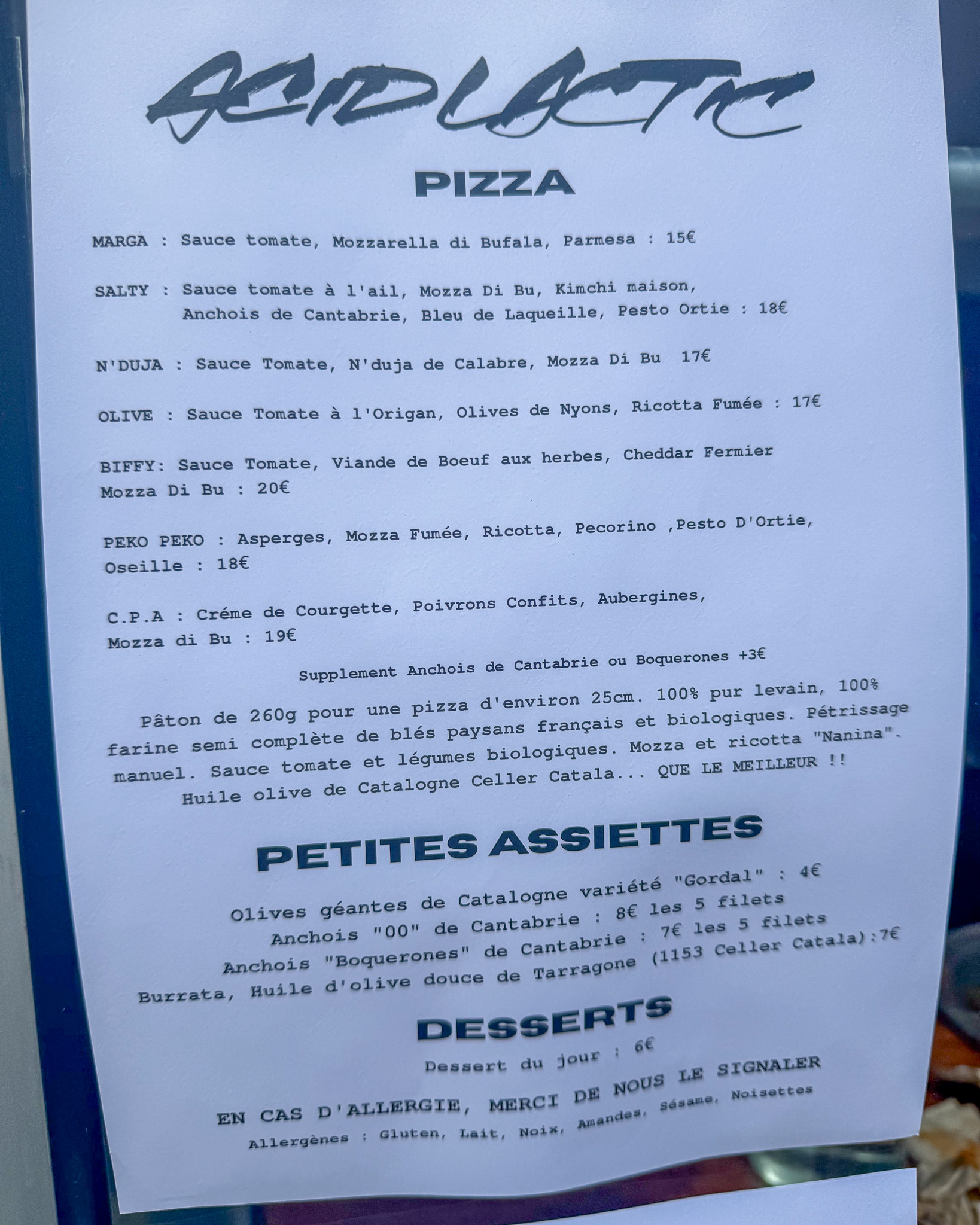 Typed pizza menu at Acid Lactic, 11th arrondissement, Paris
