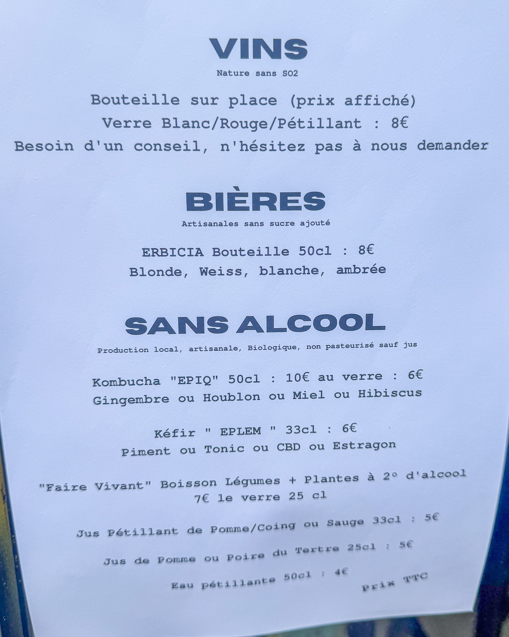 Natural wine and non-alcoholic drinks menu at Acid Lactic, 11th arrondissement, Paris